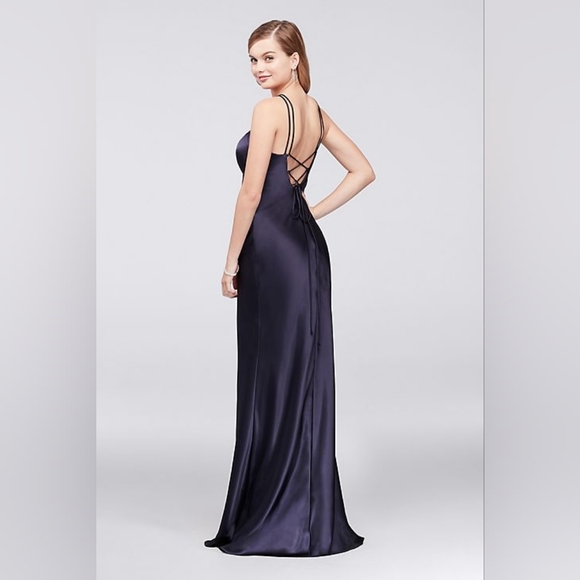 XSCAPE charmeuse halter sheath gown with lace-up back - Picture 3 of 8